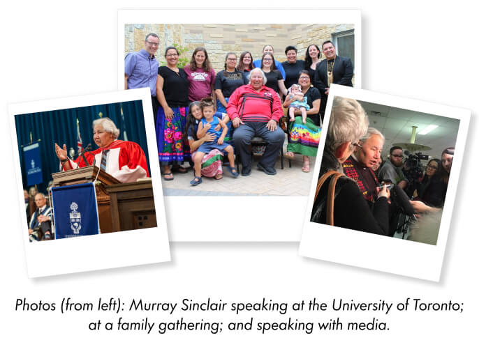 Photos (from left): Murray Sinclair speaking at the University of Toronto; at a family gathering; and with speaking with media.