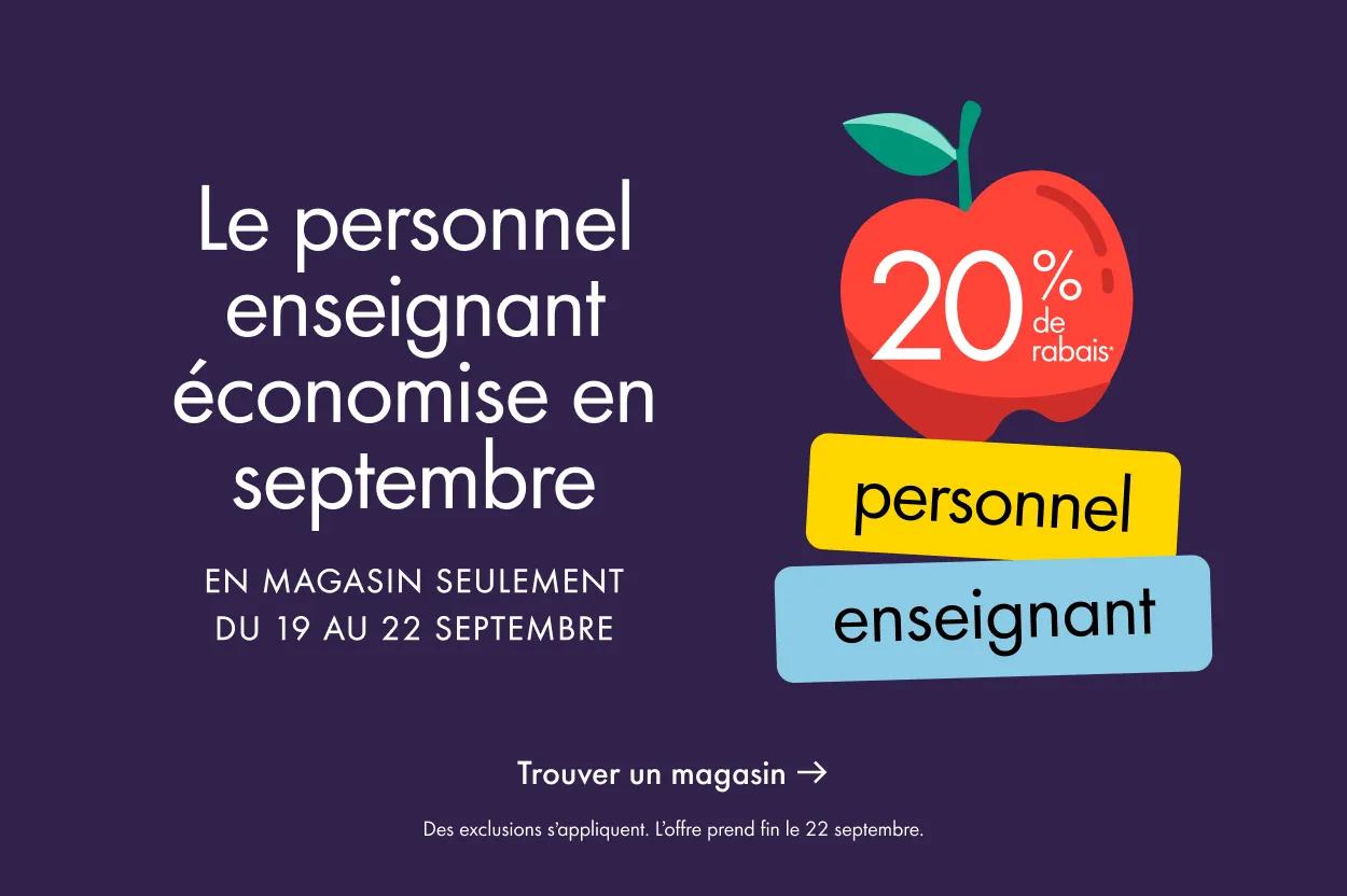 20 % de rabais : personnel enseignant