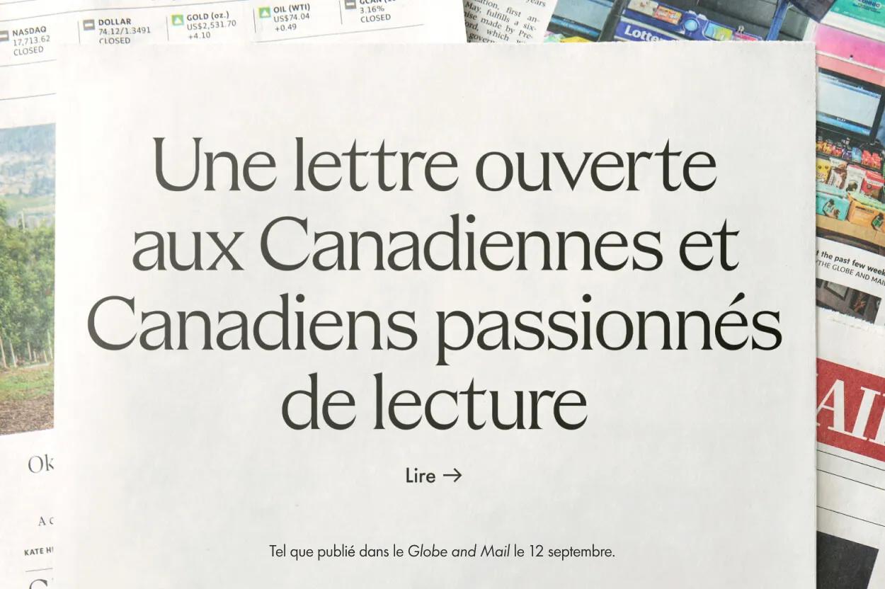 Une lettre ouverte aux Canadiennes et Canadiens passionnes de lecture.