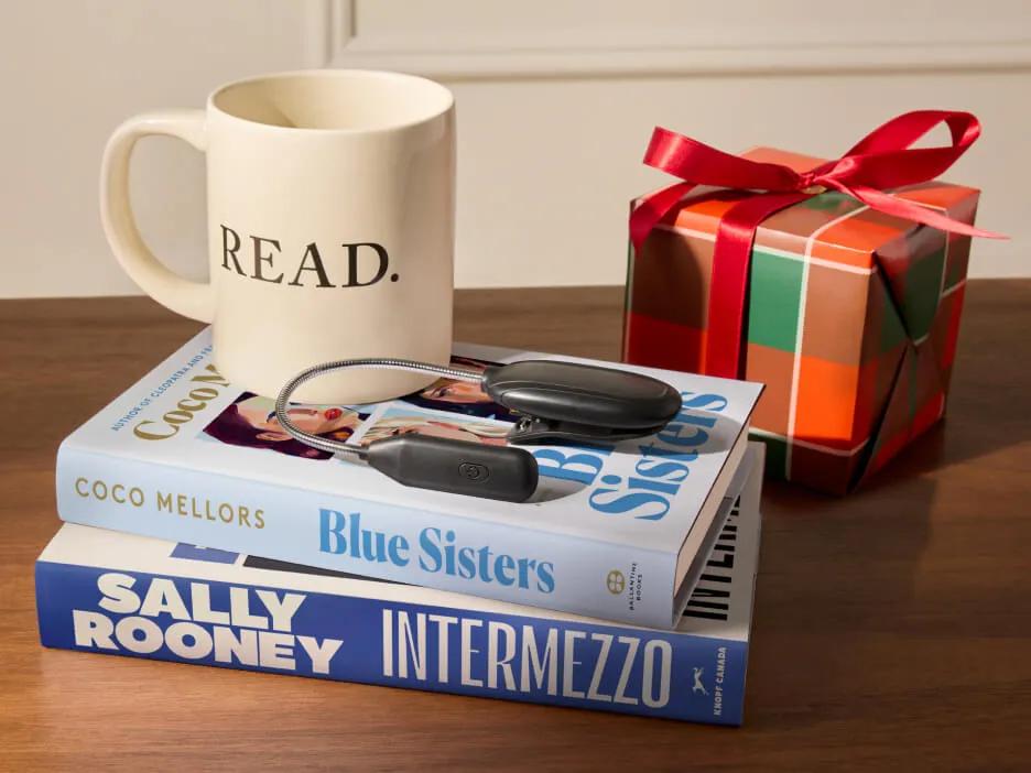 Gifts for the bibliophile, including the book Intermezzo by Sally Rooney and a book light.