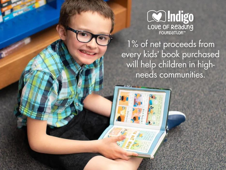 A child reading a book for the Indigo Love of Reading Foundation.